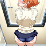 【エロ画像】オレンジショート細身長身×ガラスお尻押し付け_AI_アニメエロ画像