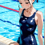 【エロ画像】黒髪お団子スレンダー×スクール水着_AI_アニメエロ画像