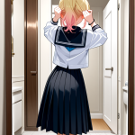 【エロ画像】ピンク金髪ポニテールスレンダー×鏡越し_AI_アニメエロ画像