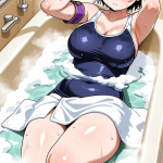 【エロ画像】紫髪ショート巨乳むっちり×お風呂・入浴_AI_アニメエロ画像
