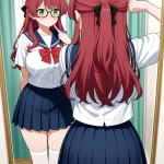 【エロ画像】赤髪ハーフアップ巨乳むっちり×鏡越し_AI_アニメエロ画像