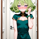 【エロ画像】緑髪くせ毛ショート貧乳長身×鏡越し_AI_アニメエロ画像