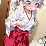 【エロ画像】マゼンタポニーテール貧乳小柄×授乳・母乳_AI_アニメエロ画像
