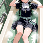【エロ画像】黒髪三つ編みロリ体型×お風呂・入浴_AI_アニメエロ画像