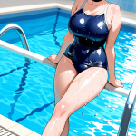 【エロ画像】黒髪まとめ髪巨乳むっちり×スクール水着_AI_アニメエロ画像