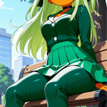 【エロ画像】ライム色ロンググラマラス×野外露出_AI_アニメエロ画像