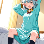 【エロ画像】水色くせ毛ショートむっちり×寝起き・パジャマ_AI_アニメエロ画像