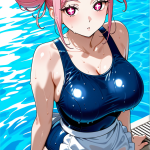 【エロ画像】ピンク団子ヘア巨乳ナース×スクール水着_AI_アニメエロ画像