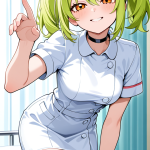 【エロ画像】ライム色ツインテールスレンダー×ナース服_AI_アニメエロ画像