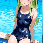 【エロ画像】ライム色ロング貧乳小柄×スクール水着_AI_アニメエロ画像