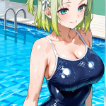 【エロ画像】ライム色ハーフアップ巨乳×スクール水着_AI_アニメエロ画像