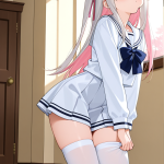 【エロ画像】桜色ロングストレート細身×ニーソ・絶対領域_AI_アニメエロ画像