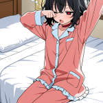 【エロ画像】黒髪サイドテール小柄むっちり×寝起き・パジャマ_AI_アニメエロ画像