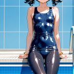 【エロ画像】黒髪くせ毛ショートロリ体型×スクール水着_AI_アニメエロ画像