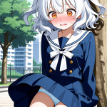 【エロ画像】白髪セミロング貧乳小柄×野外露出_AI_アニメエロ画像