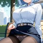 【エロ画像】水色ボブ巨乳むっちり×野外露出_AI_アニメエロ画像