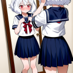 【エロ画像】白髪サイドテール長身貧乳×鏡越し_AI_アニメエロ画像