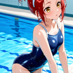 【エロ画像】赤髪お団子スレンダー巫女×スクール水着_AI_アニメエロ画像