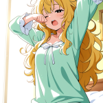 【エロ画像】緑髪ウェーブロング巨乳×寝起き・パジャマ_AI_アニメエロ画像