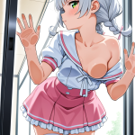 【エロ画像】銀髪ツインおさげむっちり×ガラスおっぱい押し付け_AI_アニメエロ画像