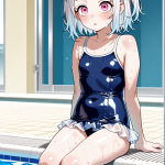 【エロ画像】白髪セミロングむっちり×スクール水着_AI_アニメエロ画像