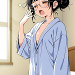 【エロ画像】黒髪お団子長身貧乳×寝起き・パジャマ_AI_アニメエロ画像