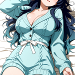 【エロ画像】黒青グラデーションセミロング巨×寝起き・パジャマ_AI_アニメエロ画像