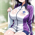 【エロ画像】黒青グラデーションセミロング巨×お風呂・入浴_AI_アニメエロ画像