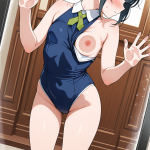 【エロ画像】青髪ポニーテール貧乳×ガラスおっぱい押し付け_AI_アニメエロ画像