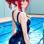 【エロ画像】赤髪アップスタイルグラマラス×スクール水着_AI_アニメエロ画像