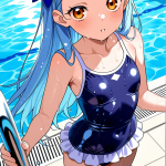 【エロ画像】青髪ロングむっちり小柄×スクール水着_AI_アニメエロ画像