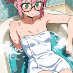【エロ画像】桜色ポニーテール長身貧乳×お風呂・入浴_AI_アニメエロ画像