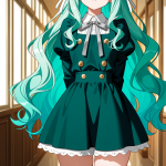 【エロ画像】緑髪ウェーブロング細身×ニーソ・絶対領域_AI_アニメエロ画像
