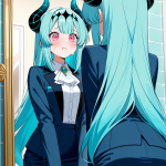 【エロ画像】水色セミロング巨乳OL×鏡越し_AI_アニメエロ画像