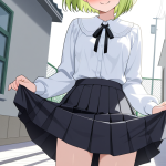 【エロ画像】ライム緑刈り上げショート貧乳×野外露出_AI_アニメエロ画像