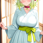 【エロ画像】ライム色ハーフアップ巨乳×ニーソ・絶対領域_AI_アニメエロ画像