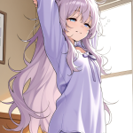 【エロ画像】白髪ウェーブロング小柄むっちり×寝起き・パジャマ_AI_アニメエロ画像