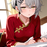 【エロ画像】グレーショート貧乳狐耳×寝起き・パジャマ_AI_アニメエロ画像