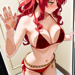 【エロ画像】赤髪ウェーブロング細身×ガラスおっぱい押し付け_AI_アニメエロ画像