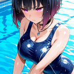 【エロ画像】黒青グラデーションボブ巨乳×スクール水着_AI_アニメエロ画像