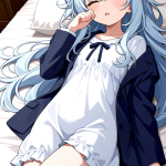 【エロ画像】黒青グラデーションセミロングロ×寝起き・パジャマ_AI_アニメエロ画像
