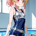 【エロ画像】ピンク金グラデーション長身貧乳×スクール水着_AI_アニメエロ画像