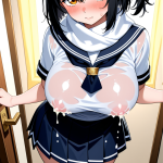 【エロ画像】黒髪サイドテール巨乳むっちり×授乳・母乳_AI_アニメエロ画像