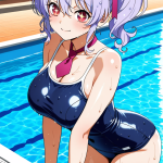 【エロ画像】マゼンタポニーテール巨乳スレン×スクール水着_AI_アニメエロ画像