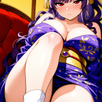 【エロ画像】紫髪ポニーテール巨乳×足コキ_AI_アニメエロ画像