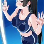 【エロ画像】黒青グラデーションロング細身×ガラスおっぱい押し付け_AI_アニメエロ画像