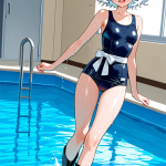 【エロ画像】白髪アップスタイルグラマラス×スクール水着_AI_アニメエロ画像