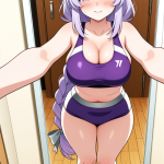 【エロ画像】紫髪三つ編みロング巨乳×鏡越し_AI_アニメエロ画像