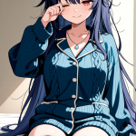 【エロ画像】黒青グラデーションロングむっち×寝起き・パジャマ_AI_アニメエロ画像