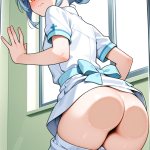 【エロ画像】水色髪アップ長身貧乳ナース×ガラスお尻押し付け_AI_アニメエロ画像